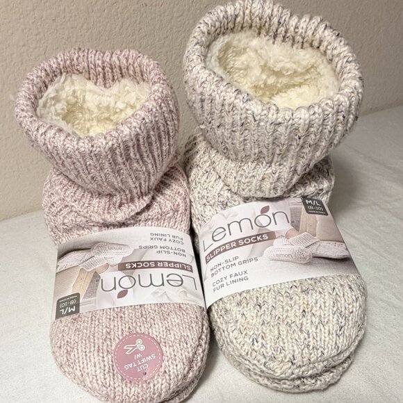 (Bundle 2) Lemon Women's Cozy Turn Cuff Slipper Socks M/L Ivory & Pink Non Slip - Picture 9 of 14